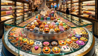 A display from a Diwali sweet shop where the glass counters showcase an assortment of sweets, each standing out with its unique emoji design. AI Generative.