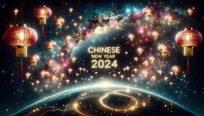 A cosmic-themed background with a starry sky juxtaposed with traditional Chinese lanterns. The words Chinese New Year 2024 shine brightly amidst the celestial backdrop. AI Generated