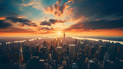 sunrise over city of manhattan in new york - obrazy, fototapety, plakaty