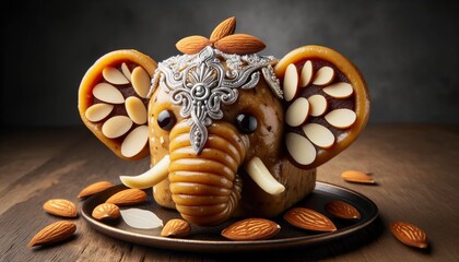 A traditional Diwali sweet resembling an elephant's head, made of rich khoya and adorned with almond slices and raisins. AI Generative.