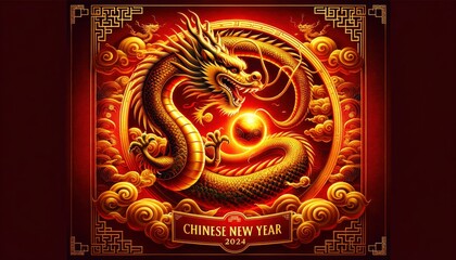 A vibrant design celebrating the Chinese New Year 2024 of the dragon with a majestic golden dragon spiraling around a radiant pearl.  AI Generated