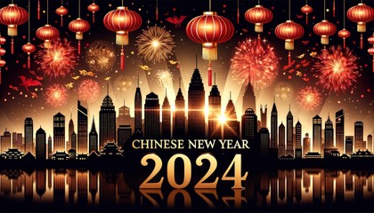 A festive cityscape background with skyscrapers adorned with red lanterns and fireworks illuminating the skyline. The phrase Chinese New Year 2024 stands out in golden typography. AI Generated