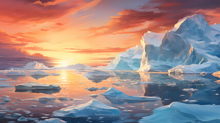 the sunset is over a group of icebergs and glaciers - obrazy, fototapety, plakaty