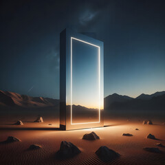 mirror monolith standing in the desert night moon sky, rectangle shape mirror desert, light blue and pink sky, square glass reflection mirror light, 3d rendered surreal, digital art, photorealistic