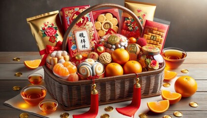A Chinese New Year gift basket filled with traditional treats such as golden oranges, sweet rice cakes, candied fruits, and beautifully packaged teas. AI Generated