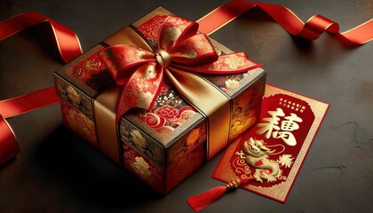 A beautifully wrapped Chinese New Year gift box draped in red silk with intricate golden patterns, accompanied by a traditional red envelope or hongbao. AI Generated