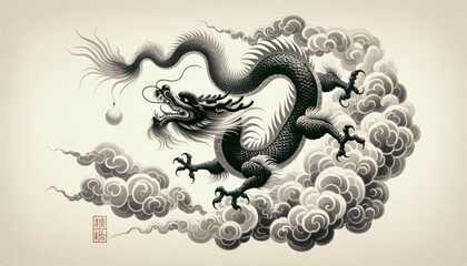A dragon amidst a sea of clouds, playfully chasing the elusive pearl of wisdom, embodying the spirit of the New Year. AI Generated
