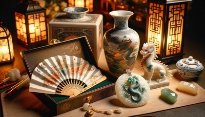 An elegant display of Chinese New Year gifts on a table, featuring a delicate porcelain vase painted with dragons, a hand-held fan with intricate artwork, and a jade pendant. AI Generated
