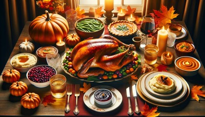 A traditional Thanksgiving dinner table set elegantly with a roasted turkey and various classic dishes, complemented by warm candlelight and autumn leaves. AI Generative.