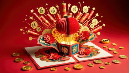 A vibrant card featuring a pop-up design. When opened, a 3D paper lantern and firecrackers are seen, all set against a rich red background. AI Generated