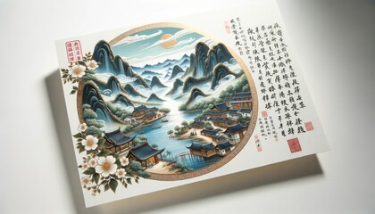 A traditional card adorned with delicate brush paintings, depicting a serene landscape and a village celebrating the festival. Inside the card is a poetic message. AI Generated