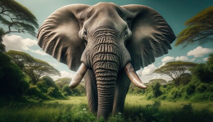A majestic elephant's head in its natural habitat, with the lush green savannah in the backdrop. AI Generative.