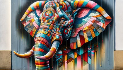 An artistic mural of an elephant's head, blending traditional symbolism with vibrant colors and modern design. AI Generative.