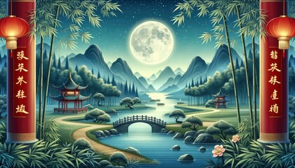 A serene landscape background depicting a river, bamboo groves, mountains, traditional pagodas, and footbridges, all set under a radiant moonlit sky. AI Generated