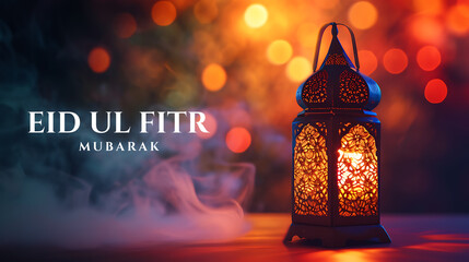 Happy Eid ul fitr background Ornamental Arabic lantern glowing - Eid Mubarak - obrazy, fototapety, plakaty