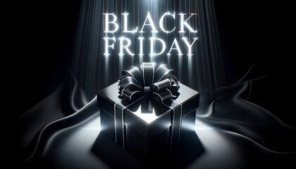 A black gift box with a silver ribbon set against a deep black velvet background. The phrase "BLACK FRIDAY" floats above the box in luminescent silver letters. AI Generative.