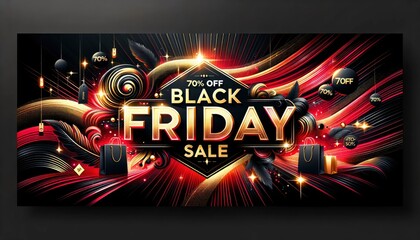 "70% OFF BLACK FRIDAY SALE" in golden and illuminated typography, set against a dynamic blend of black and red gradients. AI Generative.