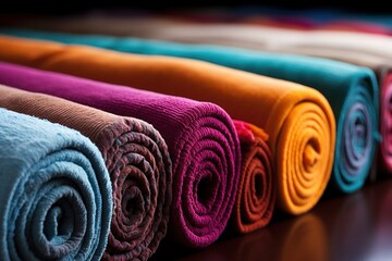 A neat row of rolled up towels neatly arranged on a wooden table - obrazy, fototapety, plakaty