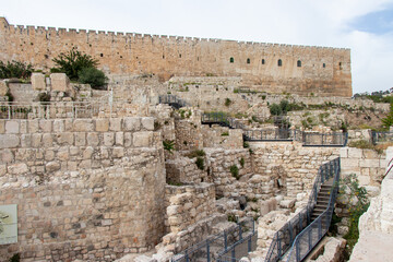 Southern wall of the Temple Mount. Archaeological Park in the old city of Jerusalem.
