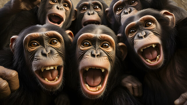 young group of chimpanzees taking a photo like a monkey