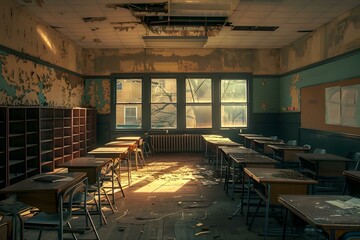 Utilizing Classroom Technology in an Empty Room with Desks and Shelves. Concept Technology Integration, Classroom Environment, Educational Tools, Empty Classroom, Innovative Learning