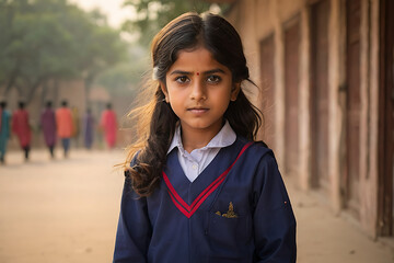 Portrait of 6 Year old girl student from Punjab Pakistan. Pakistani baby girl wearing school bag and ready to go to school. Education concept. Education village of Pakistan. Asian people from Pakistan