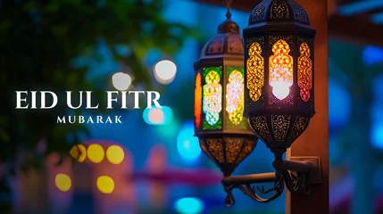 Fotobehang Happy Eid ul fitr background Ornamental Arabic lantern glowing - Eid Mubarak © Uzair
