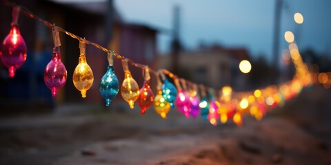 A string of vibrant lights hanging from a line outdoors. - obrazy, fototapety, plakaty