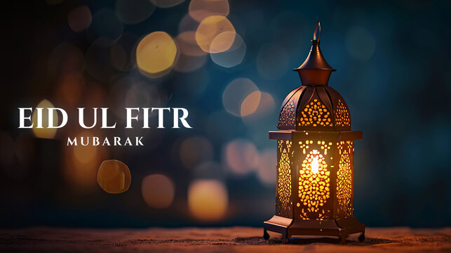 Happy Eid ul fitr background Ornamental Arabic lantern glowing - Eid Mubarak