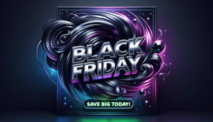 Black Friday is prominently displayed in 3D chrome letters, with Save Big Today! flashing in neon green at the bottom. The design is framed by a shimmering electric blue border. AI Generated