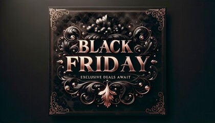 Black Friday banner. Exclusive Deals Await is highlighted in a classy rose gold font. The edges of the banner have a thin gold filigree border, adding to its regal appearance. AI Generated