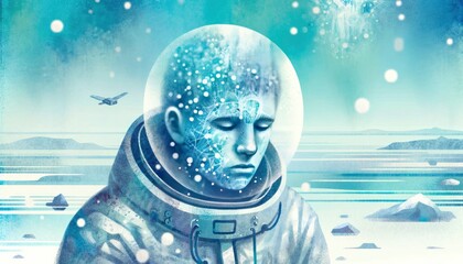 An illustration showing a person encased in ice, emphasizing feelings of numbness and disconnection from the world around them. AI Generated