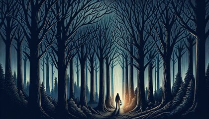 An artwork portraying a dense forest during twilight, with a lone individual holding a faintly glowing lantern, symbolizing the struggle to navigate through the darkness of depression. AI Generated