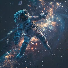 Fototapeta na wymiar An astronaut floating between two celestial bodies, midway through a journey across the cosmos, with stars and galaxies stretching infinitely in the background.