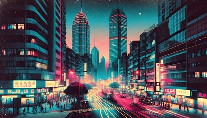 A bustling cityscape during twilight, capturing the retro and artistic essence of risograph printing. AI Generated - obrazy, fototapety, plakaty