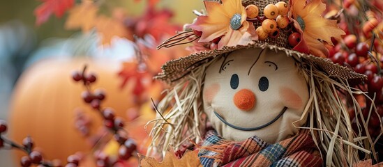 A scarecrow is seen wearing a scarecrow hat and a scarf, adding a delightful touch to the fall autumn decoration.