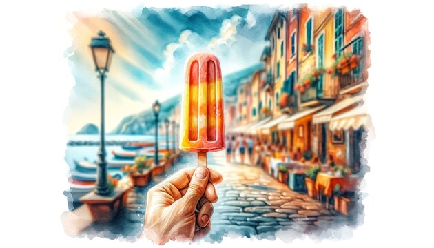 Watercolor depiction of a hand holding a popsicle, with an Italian seaside street in the background, evoking a refreshing summer day by the sea.
