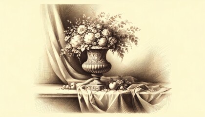 A drawing classic still life scene with an ornate vase and a bouquet of flowers on a draped table. The fine details and shading techniques evoke a sense of traditional artistry. AI Generated