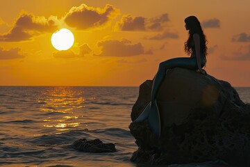 Mermaid lounging on a rock, gazing at the setting sun.