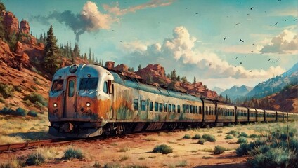 beautiful train in going to sea - obrazy, fototapety, plakaty