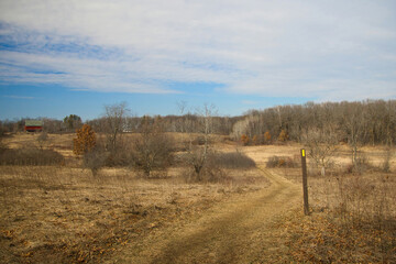 Landscape of an unusually warm and snow-less February day along the Brooklyn Wildlife Segment of the Ice Age Trail near Belleville, Wisconsin.