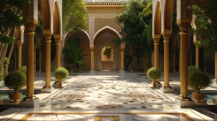 Mosque courtyard with ornate arches and marble flooring.