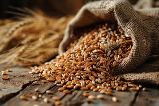 Granos de trigo espelta en saco de tela