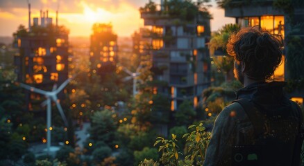 A solitary figure, cloaked in dark clothing, gazes out from a balcony at the vibrant city below, basking in the warm backlighting of the setting sun while the surrounding trees and plants sway gently - obrazy, fototapety, plakaty