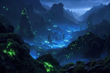 Fototapeta na wymiar Mountainous landscape with caves lit by bio-luminescent fungi.
