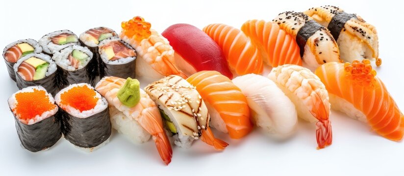 A delectable feast of delicious sushi delights, showcasing a variety of sushi rolls and toppings arranged on a clean white background.