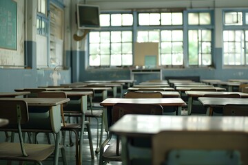 Empty Student Desks in a Classroom Setting. Concept Classroom Photography, Education Scene, Empty Desks, Back to School, School Supplies