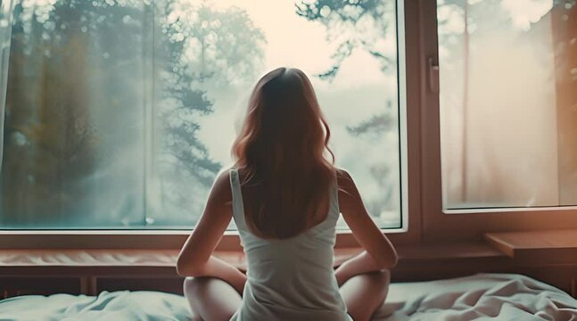 Back view of woman sitting on bed in relaxing before wide window, background of morning foggy forest, concept of calm and freedom