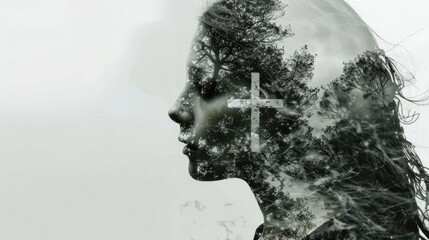 Double exposure of a woman with a cross and trees on her head. Monochrome image.