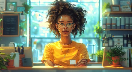 A studious woman surrounded by greenery, framed by a window and wearing glasses, sits at her desk in her cozy indoor space - obrazy, fototapety, plakaty